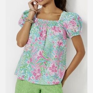 Lilly Pulitzer Keating Linen Pink & Aqua  Puff-Sleeve Square Neck Top SZ.1O